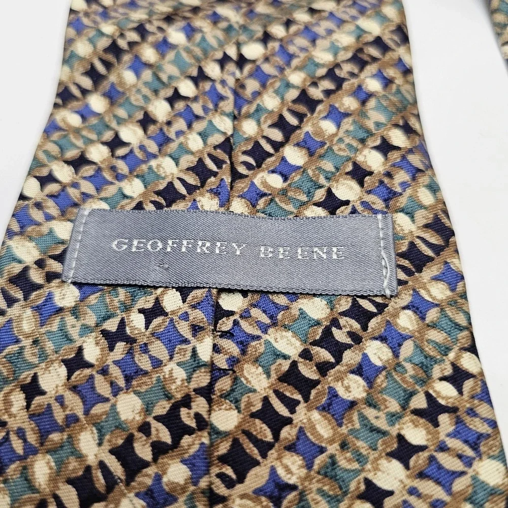 Geoffrey Beene Luxury Tie Gold Blue Green Geometric Woven 100% Silk Necktie‎ USA